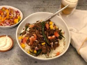 Southwestern Beef Bowl with Chipotle Cream, Pico de Gallo and Lime Rice