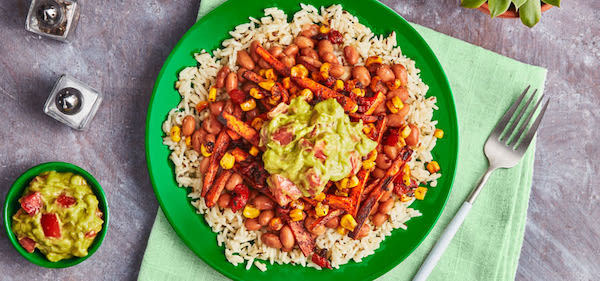 Mole-Roasted Carrots Cumin-Spiced Rice, Pinto Beans, Corn, Roasted Peppers & Guacamole green chef