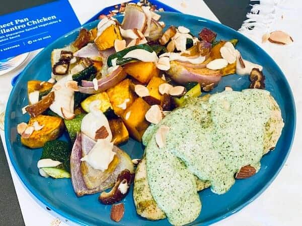 blue apron box|Yellow curry and lemongrass tilapia Blue Apron|Blue Apron Sheet pan cilantro chicken with veggies